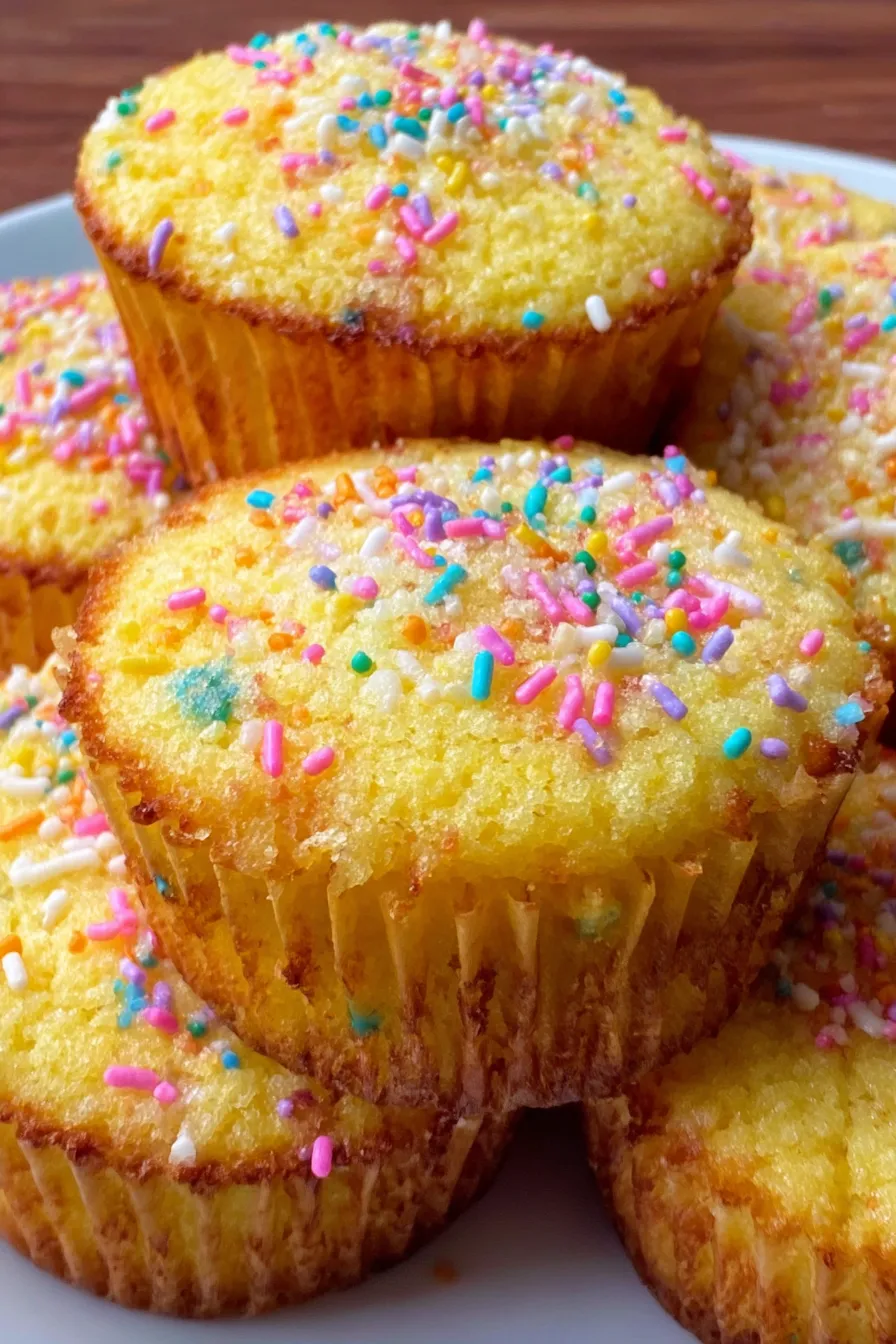Freshly baked funfetti cornbread muffins cooling on a rack