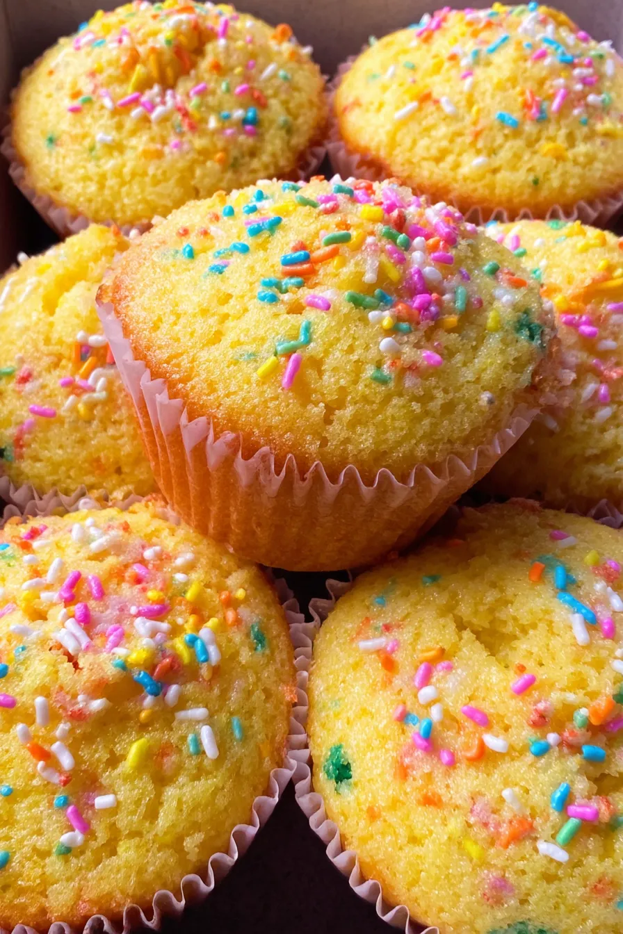 Close-up of a funfetti muffin with sprinkles inside
