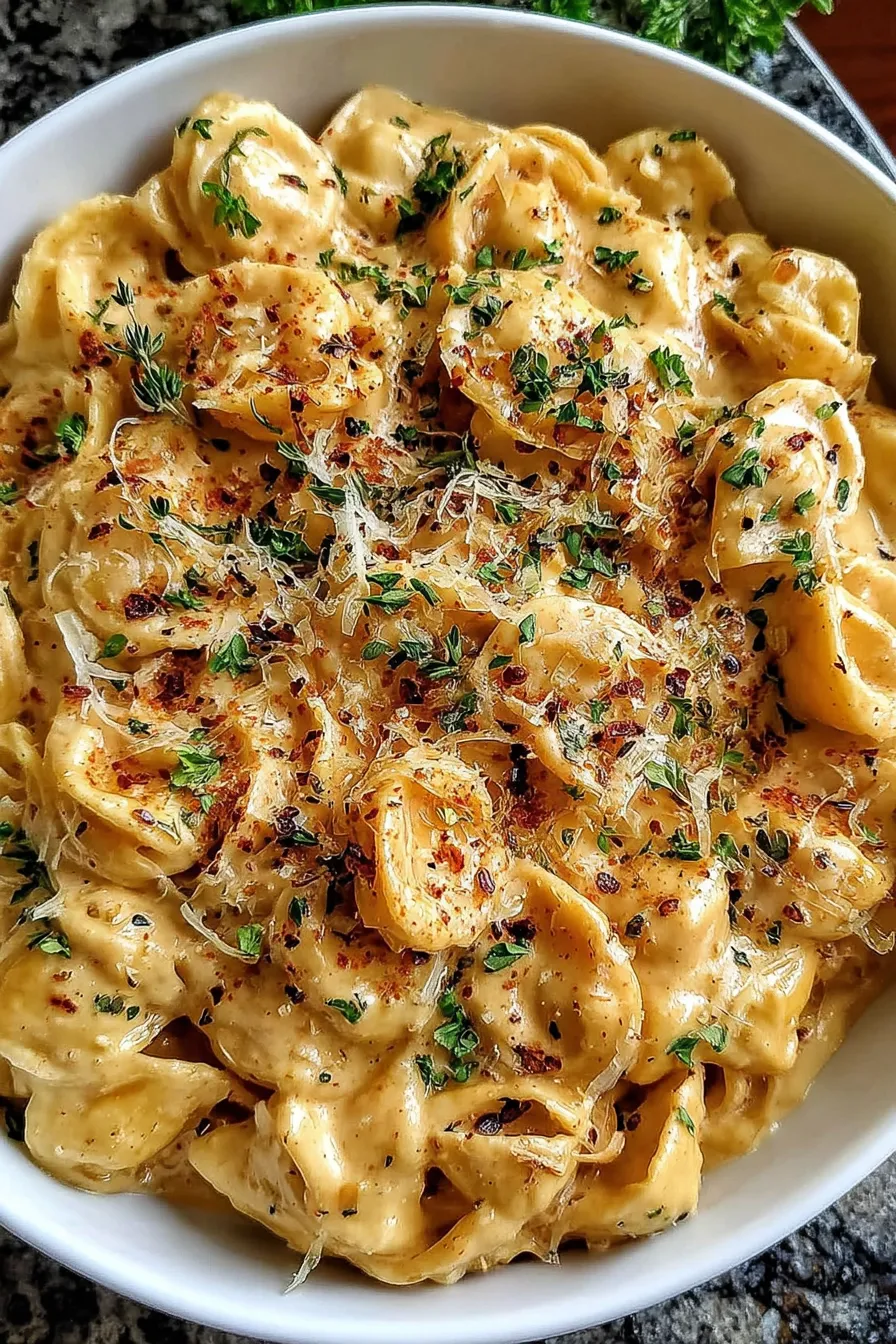 Caramelized onions and creamy pasta in a Dutch oven