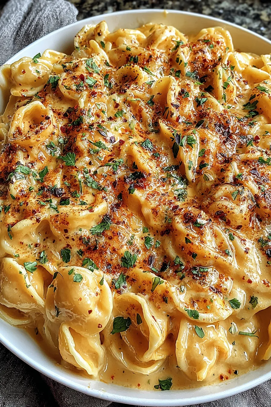 Creamy pasta plated with fresh parsley