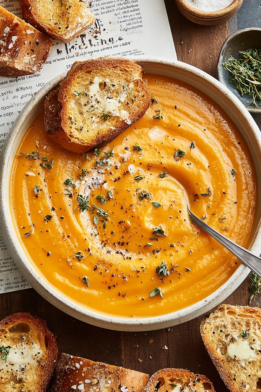 Creamy butternut squash soup in a bowl garnished with thyme
