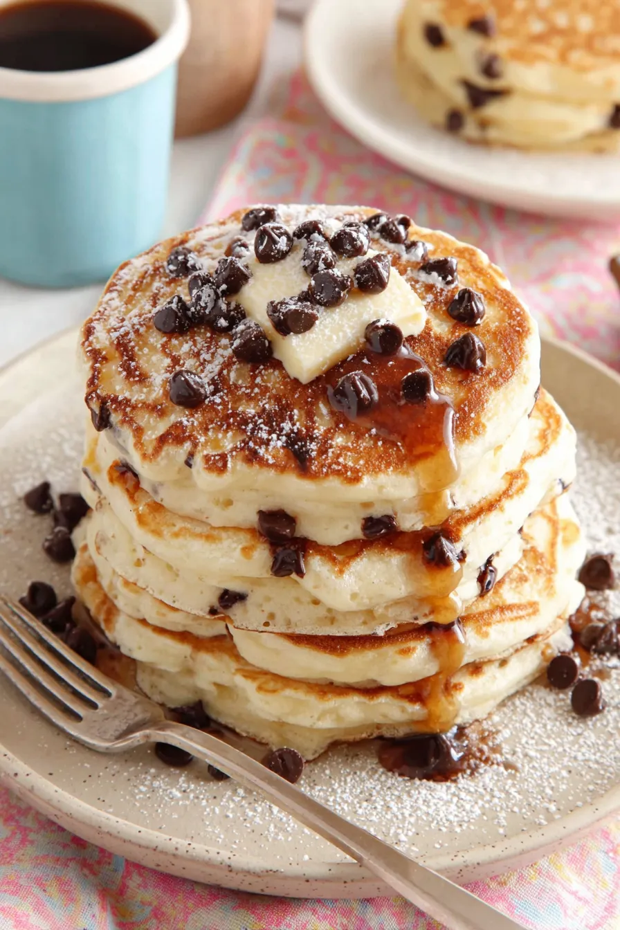 Stack of fluffy chocolate chip pancakes on a plate
