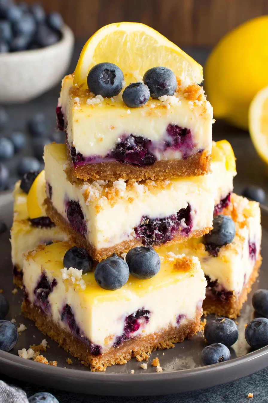Close up of a sliced lemon blueberry cheesecake bar