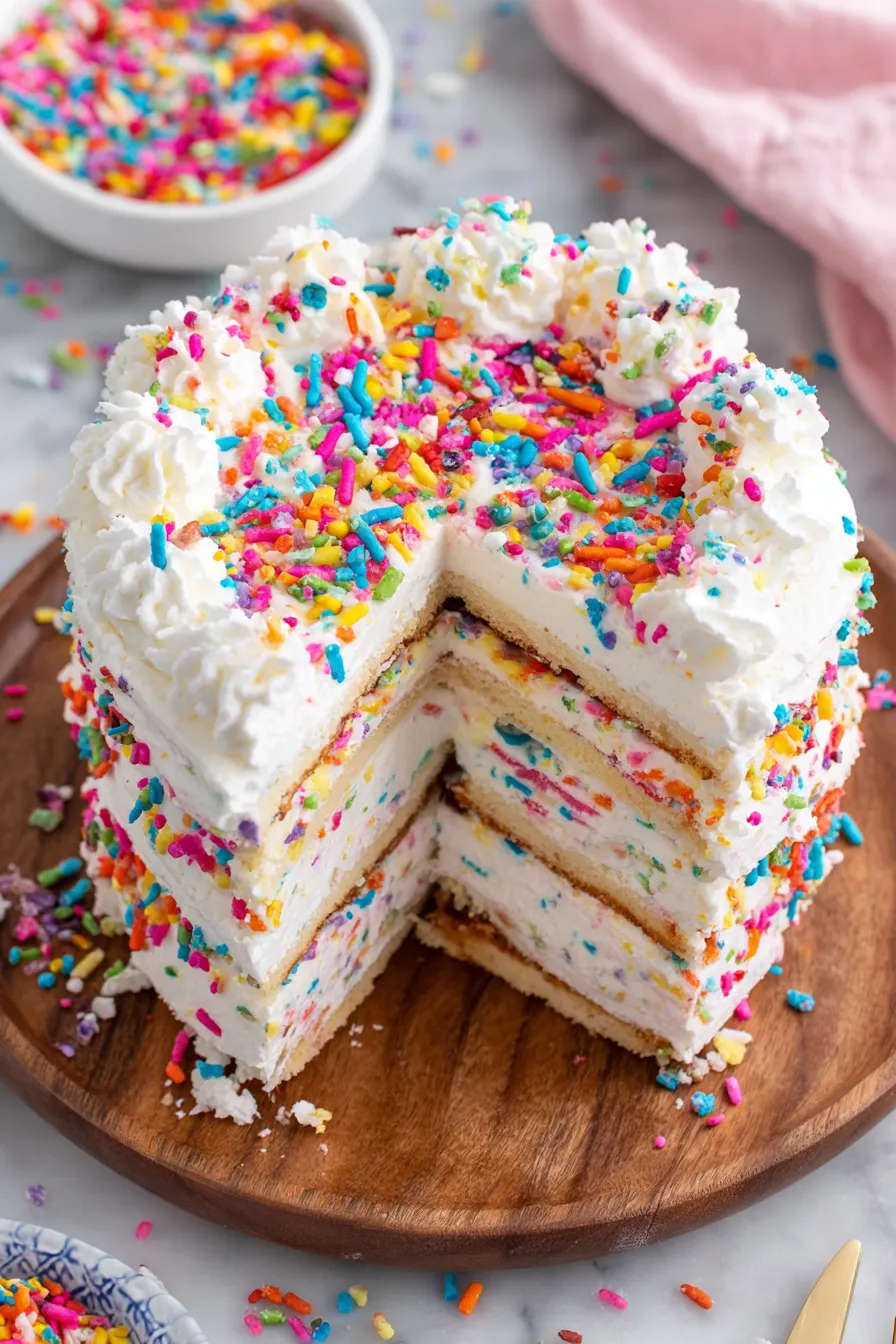 Slice of funfetti icebox cake on plate