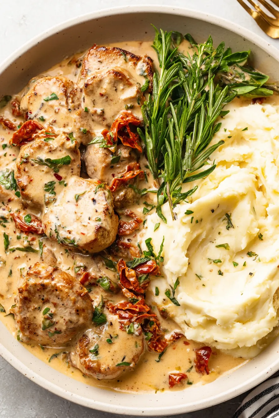 Creamy sun-dried tomato sauce over pork