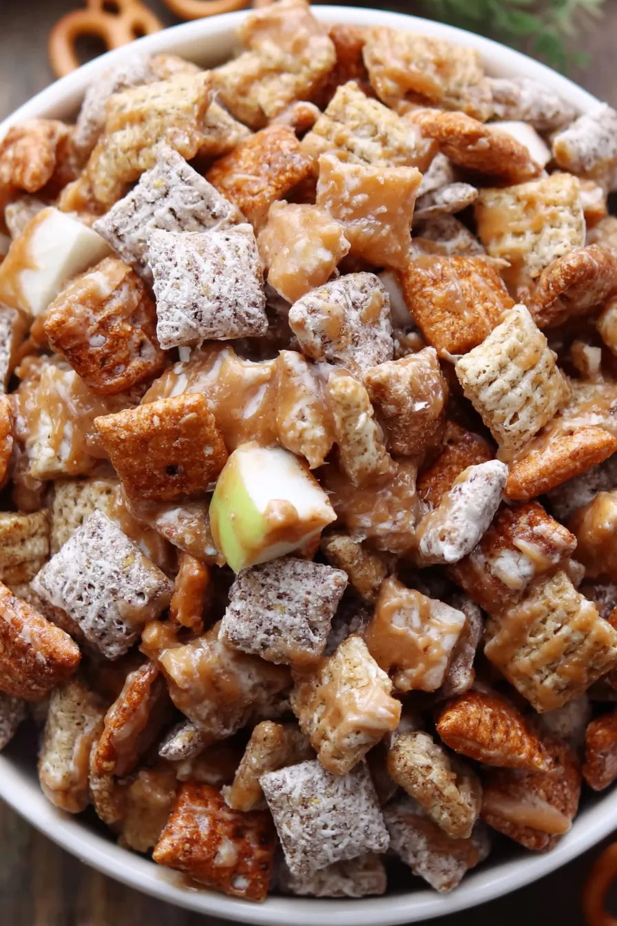 Mixing bowl with cereal and melted white chocolate caramel