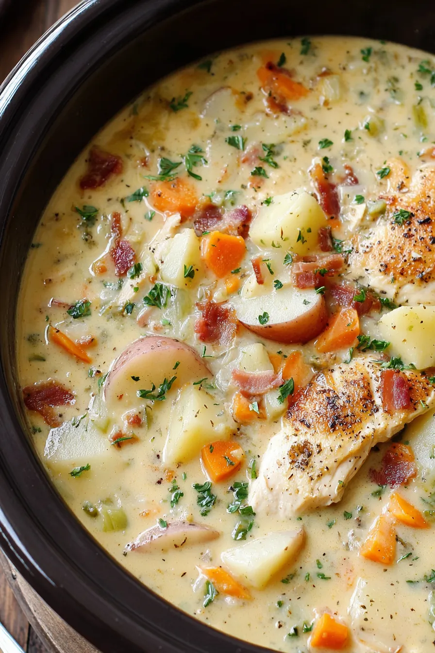 Bowl of chicken potato soup with parsley