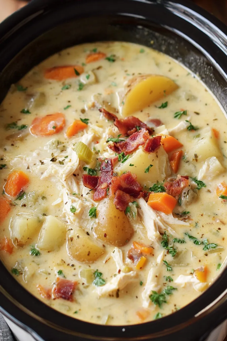 Slow cooker filled with ingredients