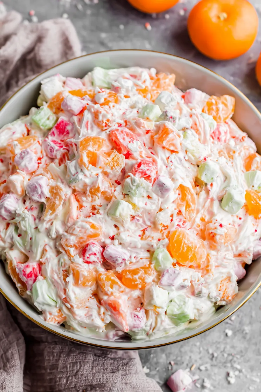 Ambrosia salad in a white bowl with fruit and marshmallows