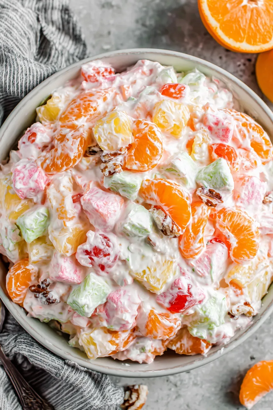 Close-up of ambrosia salad showing marshmallows and cherries