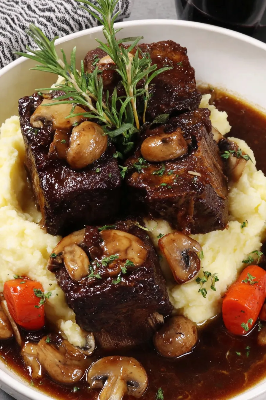 Braised short ribs in Dutch oven with aromatics