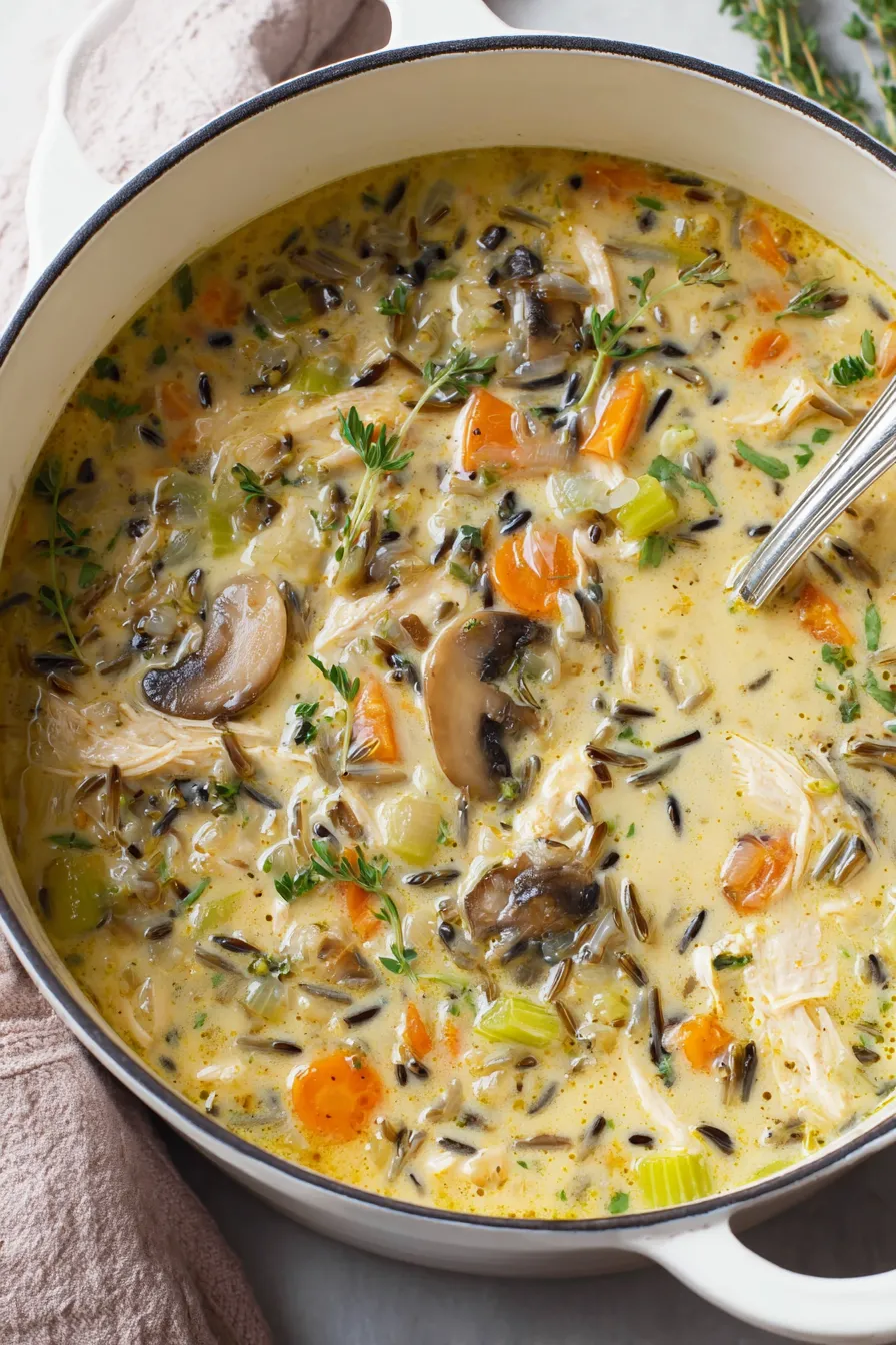 Bowl of leftover turkey wild rice soup steaming and garnished