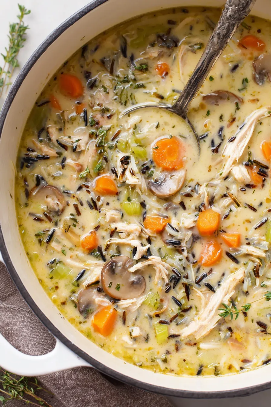 Close up of wild rice and turkey in a spoonful of soup
