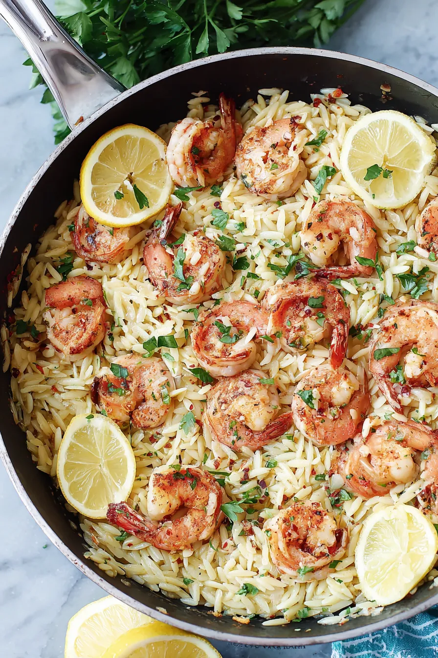 Plated shrimp scampi over orzo with lemon and parsley