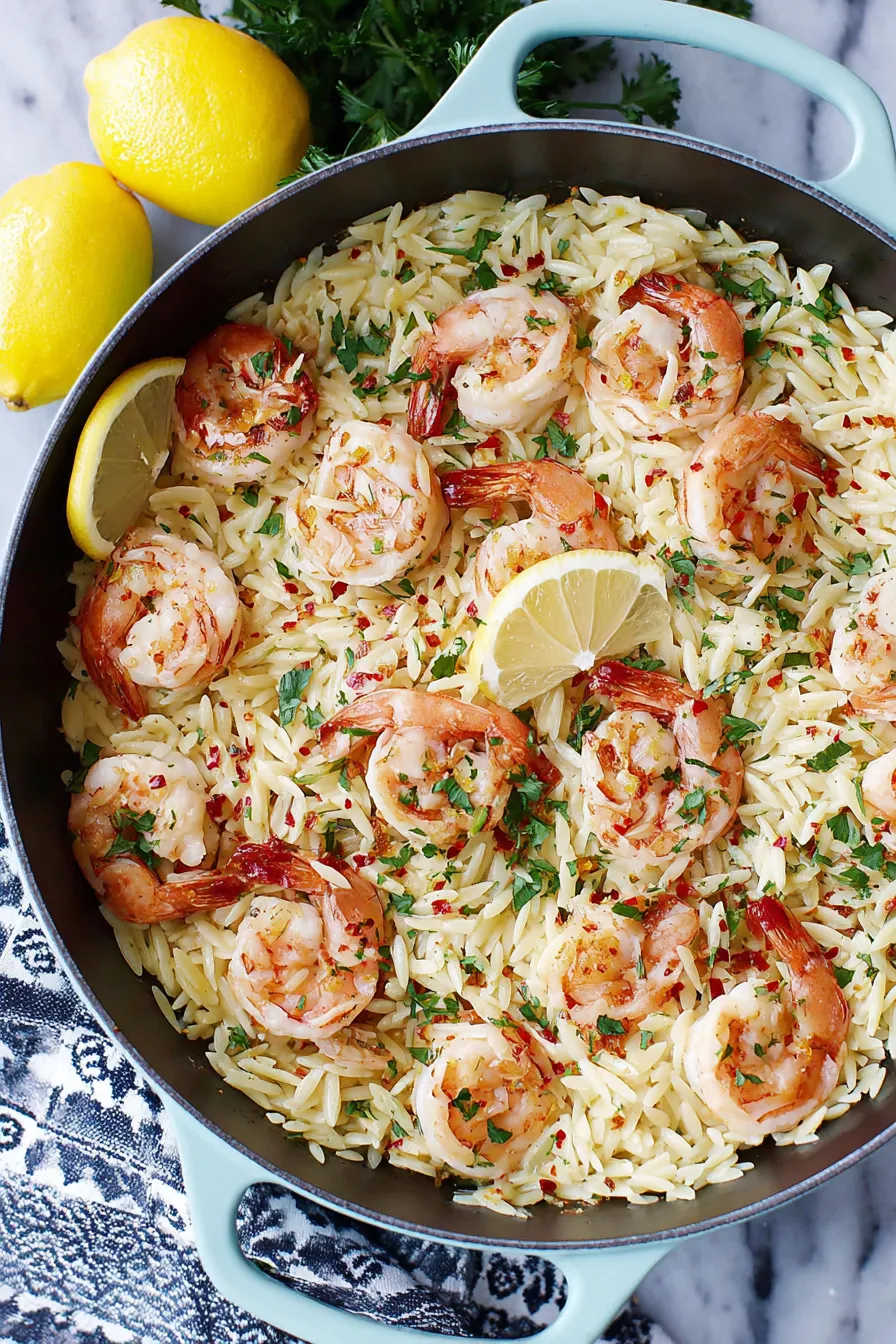 Close-up of shrimp cooking on orzo in skillet