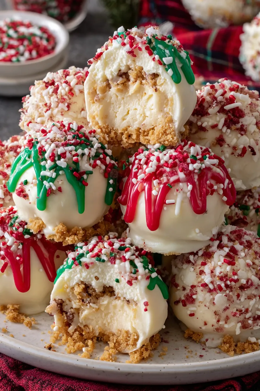 Cheesecake bites being dipped in candy melts