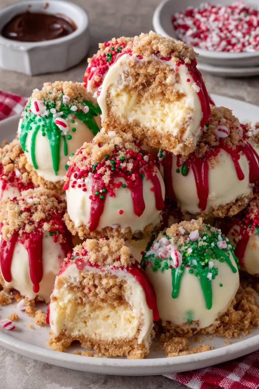 Platter of decorated cheesecake bites in holiday colors