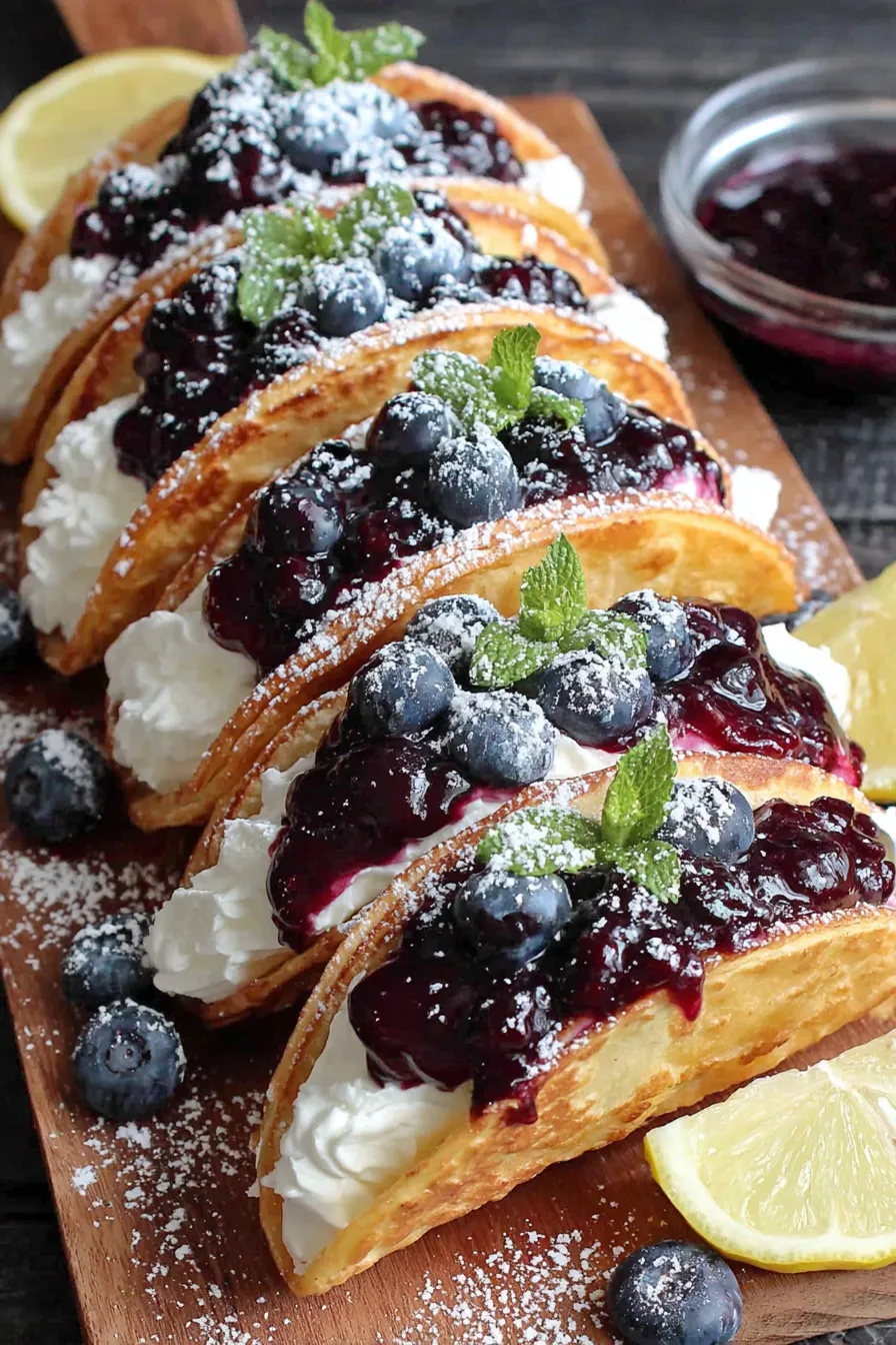 Blueberry sauce being spooned over cheesecake tacos