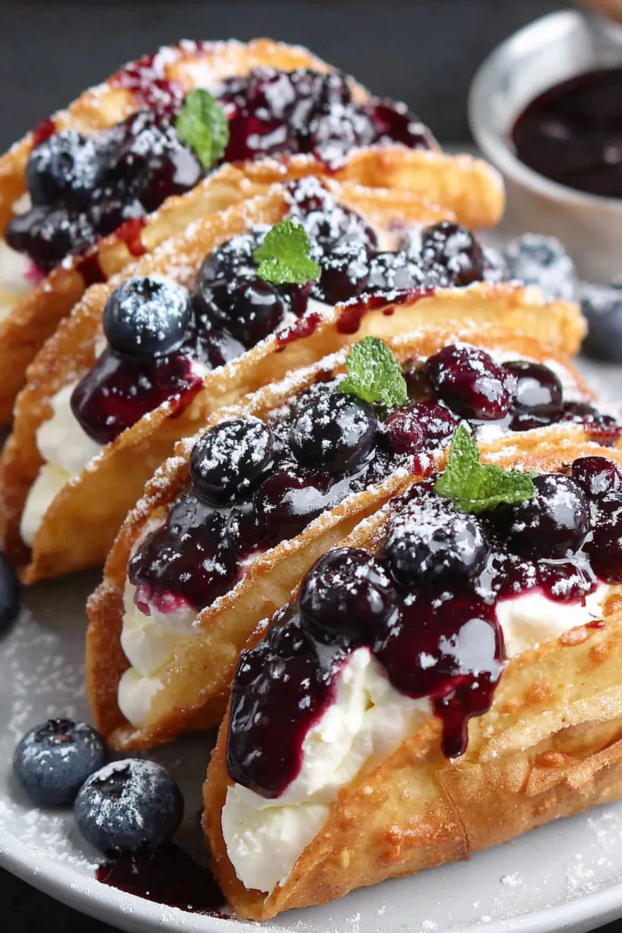 Finished blueberry cheesecake tacos on a serving tray