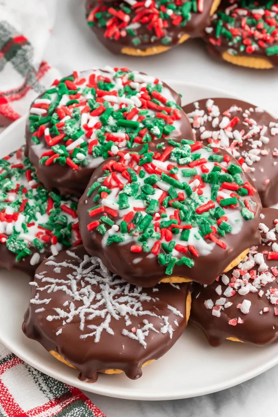 Close-up of mint chocolate coated Ritz crackers