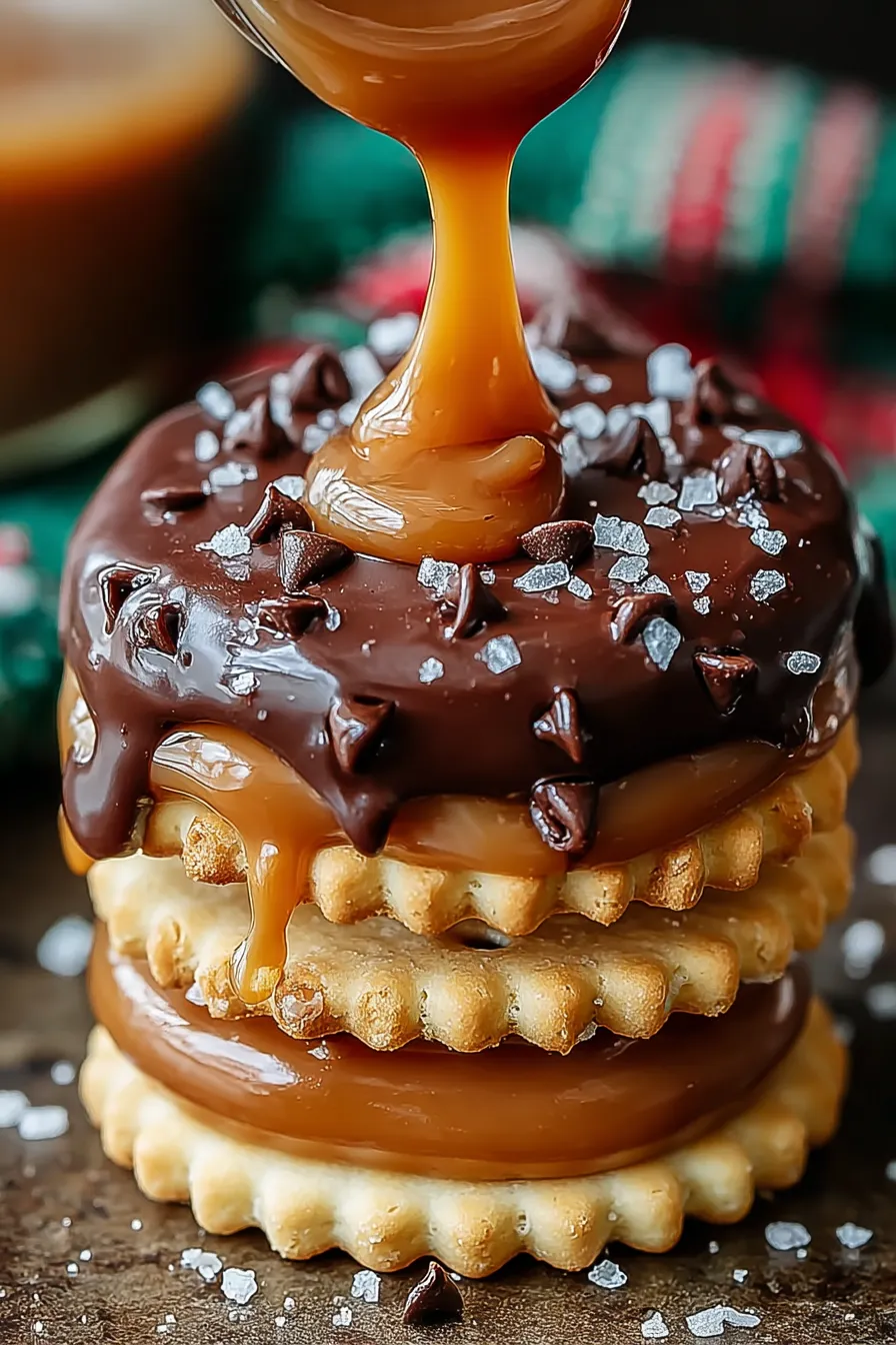 Close-up of chocolate-dipped caramel cracker cookie