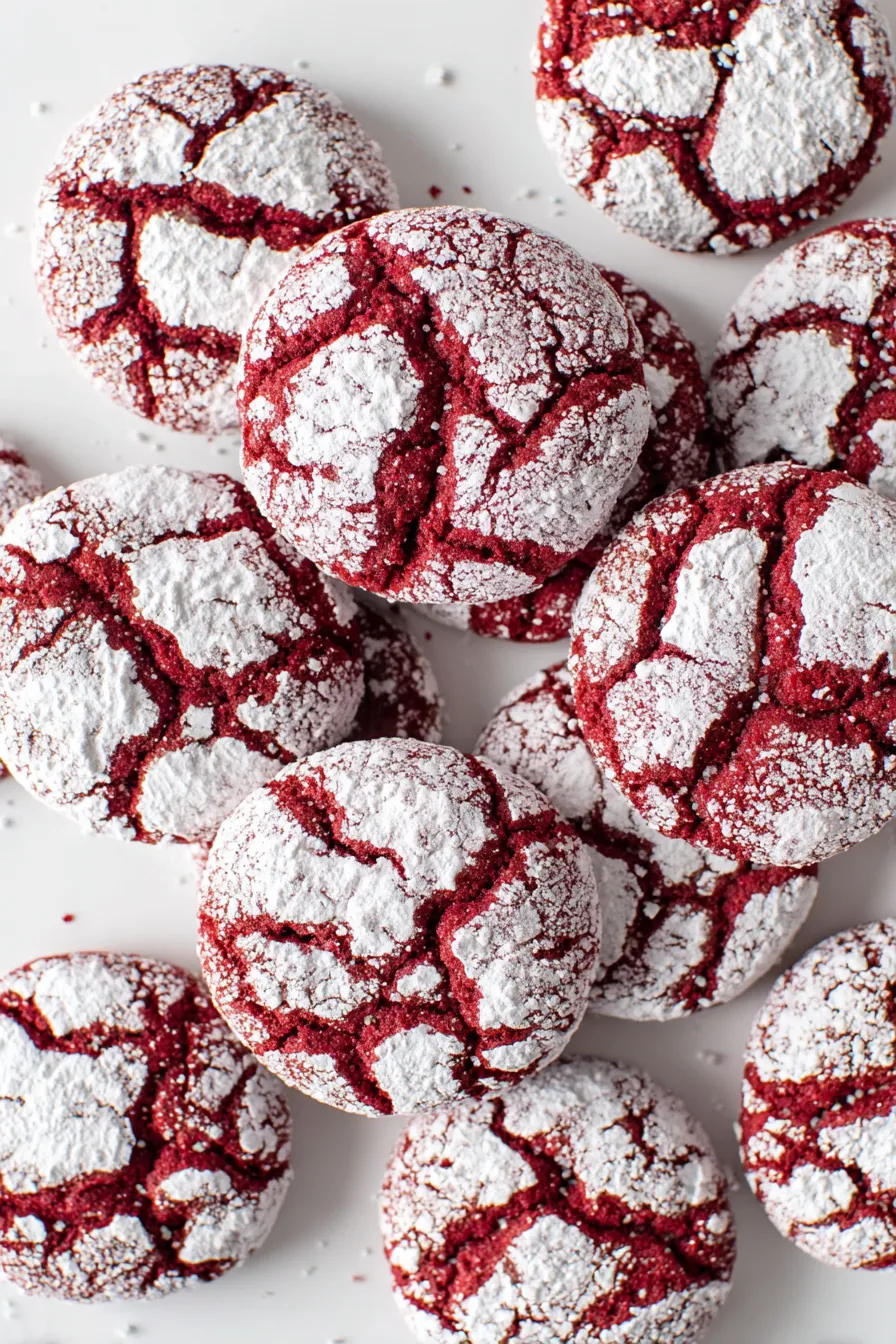 Red velvet crinkle cookies on parchment