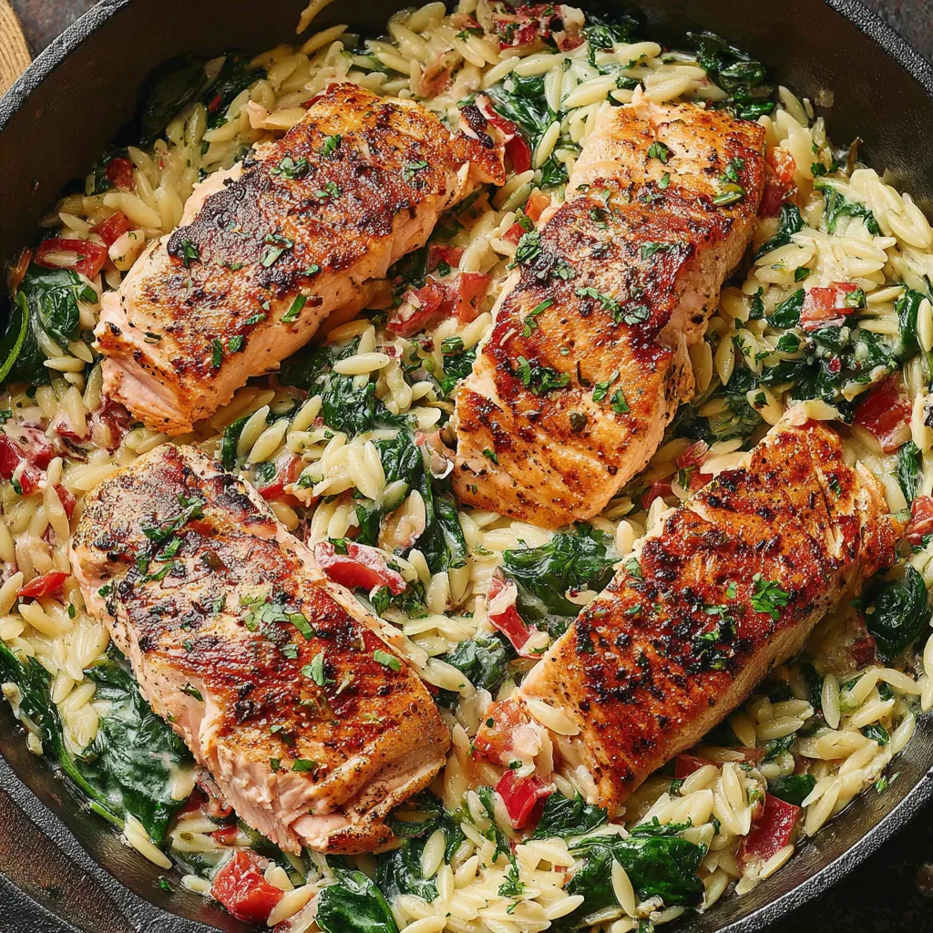 Seared Salmon with Creamy Spinach Orzo