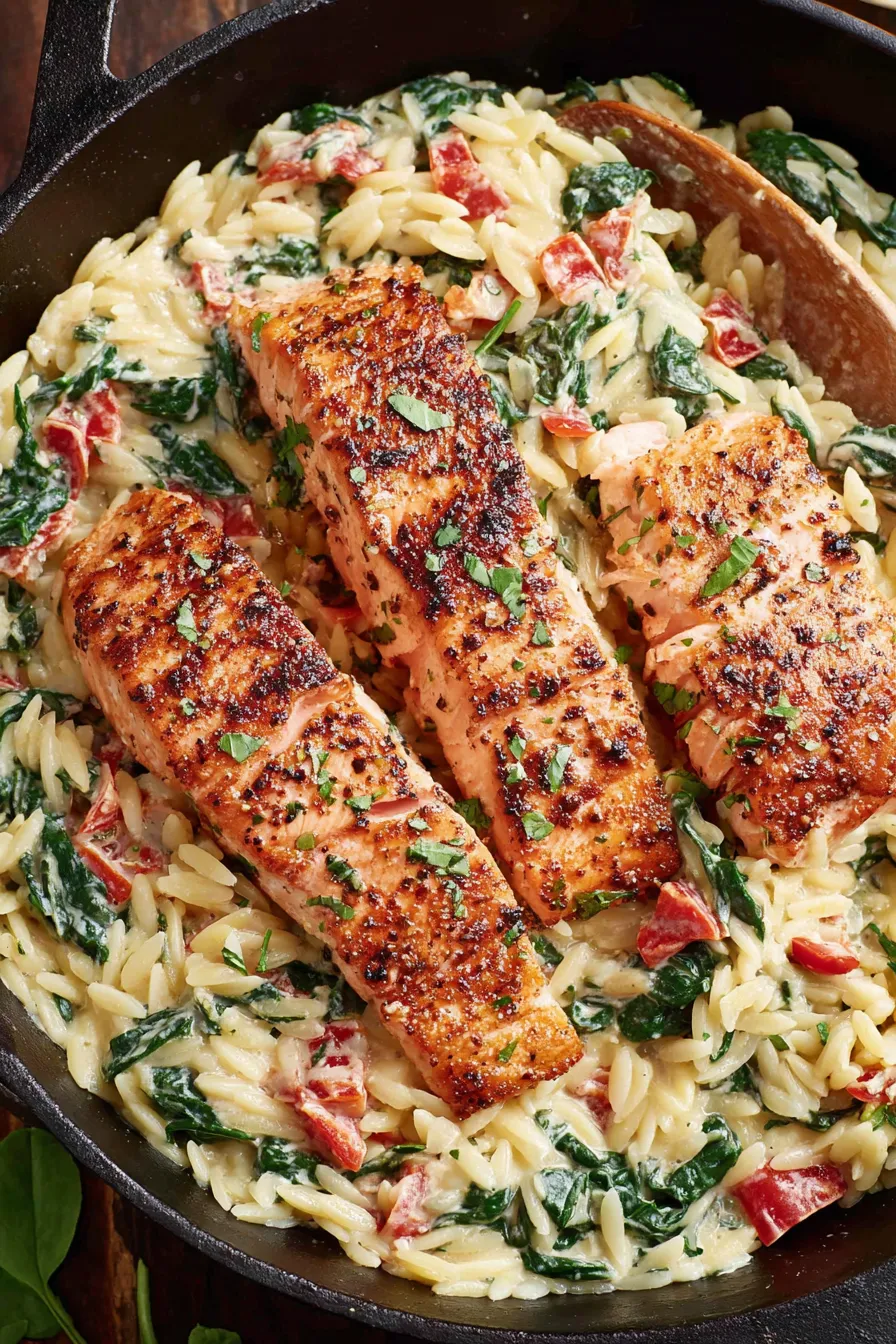 Seared salmon on creamy orzo with spinach and roasted peppers