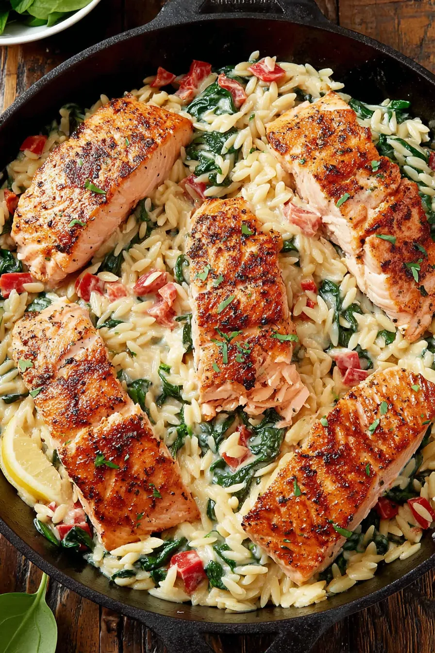 Creamy orzo with wilted spinach and Parmesan in skillet