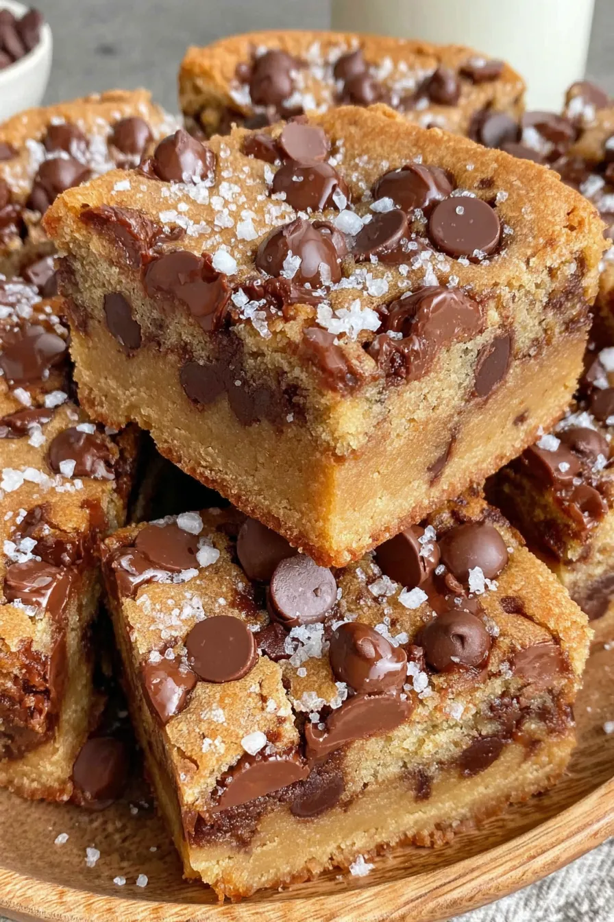 Close up of a sliced chocolate chip cookie dough bar showing gooey chocolate