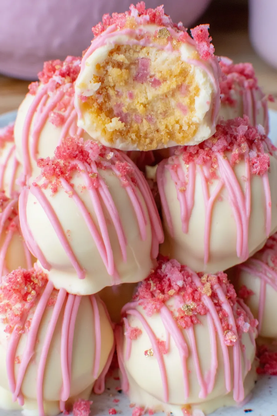 Strawberry shortcake cheesecake truffles on parchment