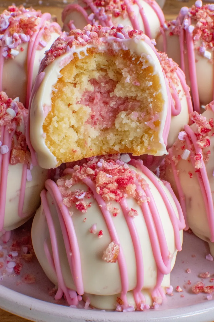 Close-up of truffles with strawberry crumble