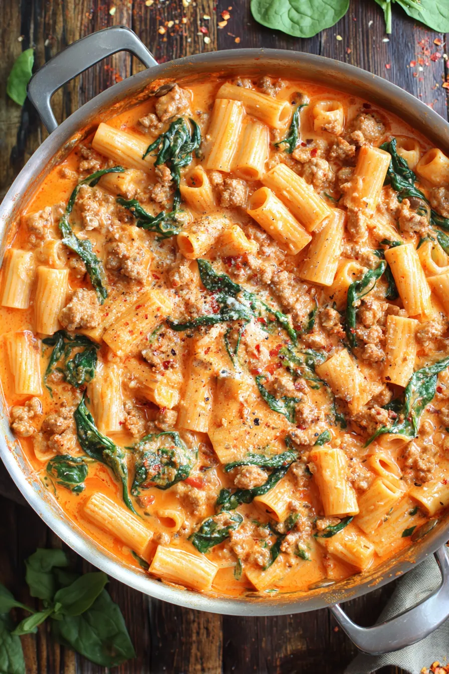 Plated creamy rigatoni with wilted spinach and sausage