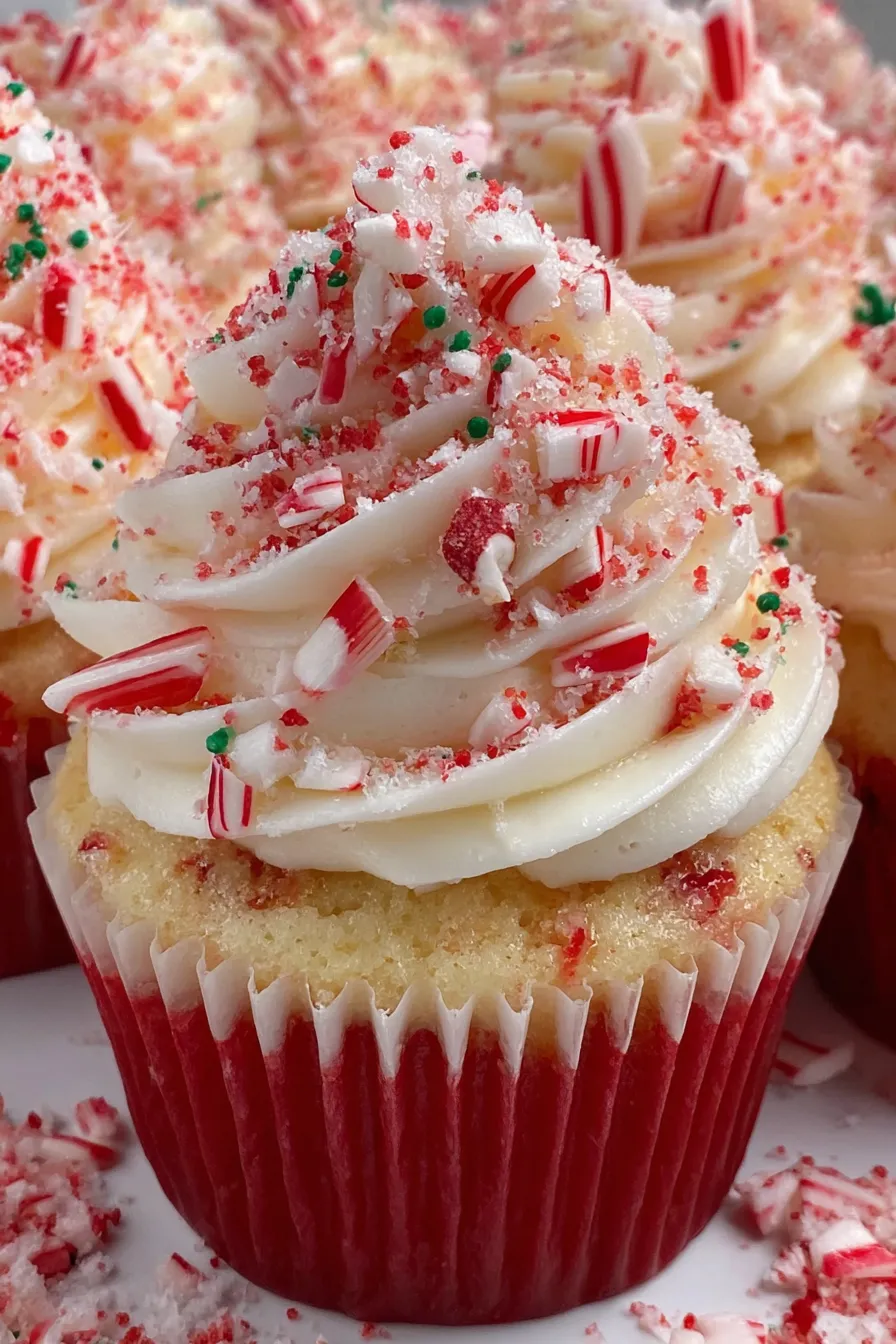 Frosted peppermint cupcakes lined on a tray