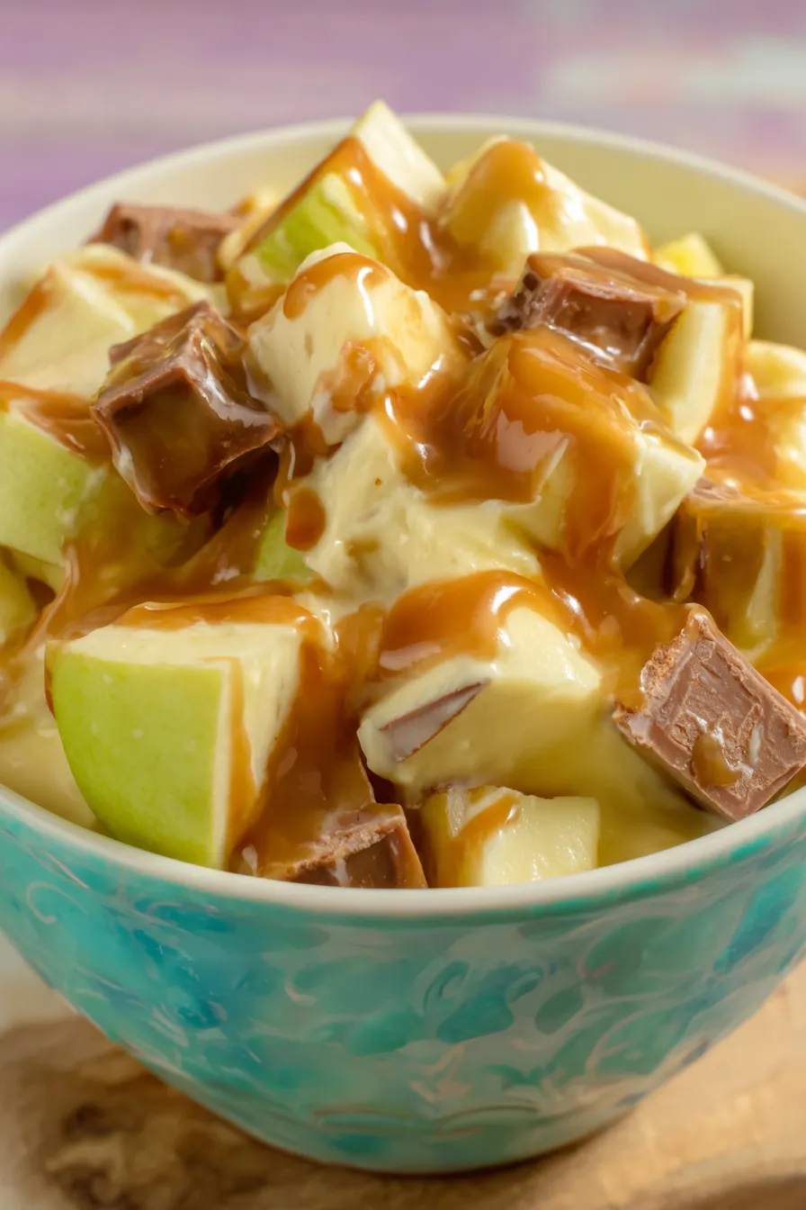 Snickers Salad in a serving bowl with caramel drizzle