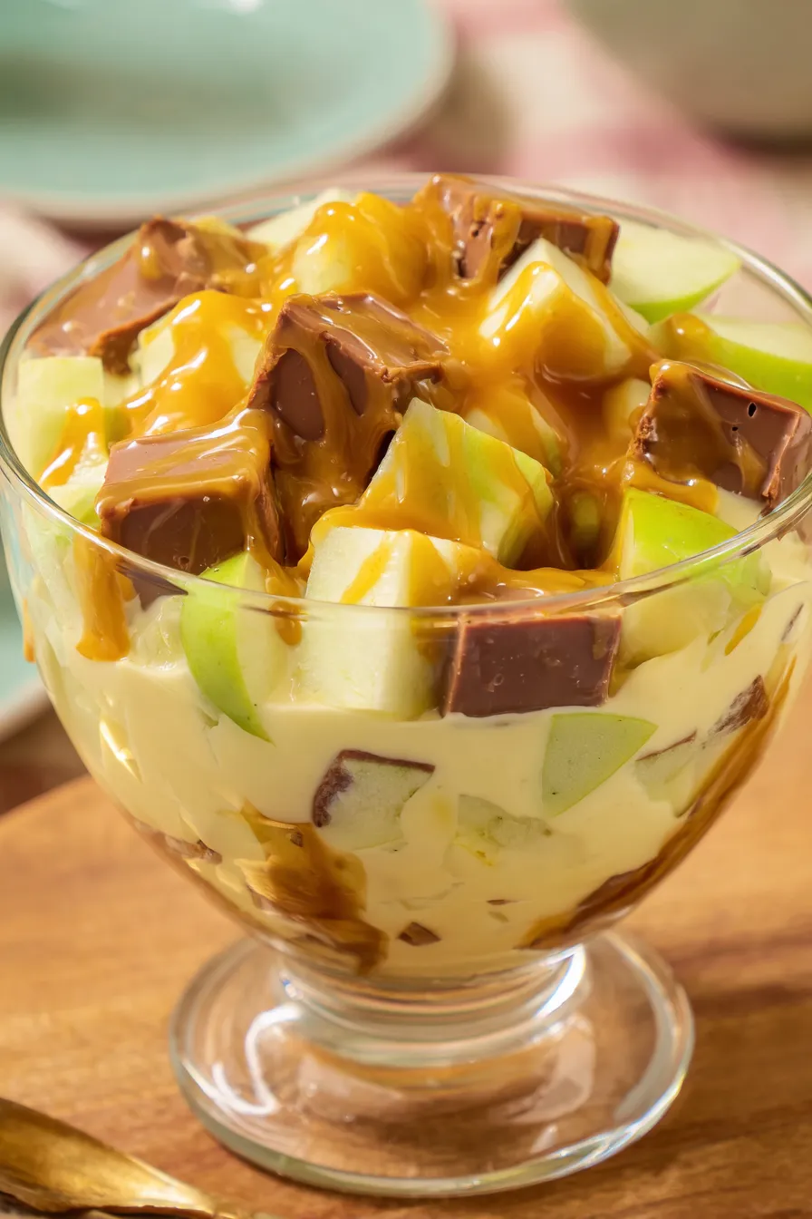 Close-up of chopped apples and Snickers pieces