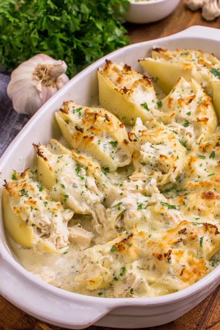Close-up of stuffed shells with melted cheese