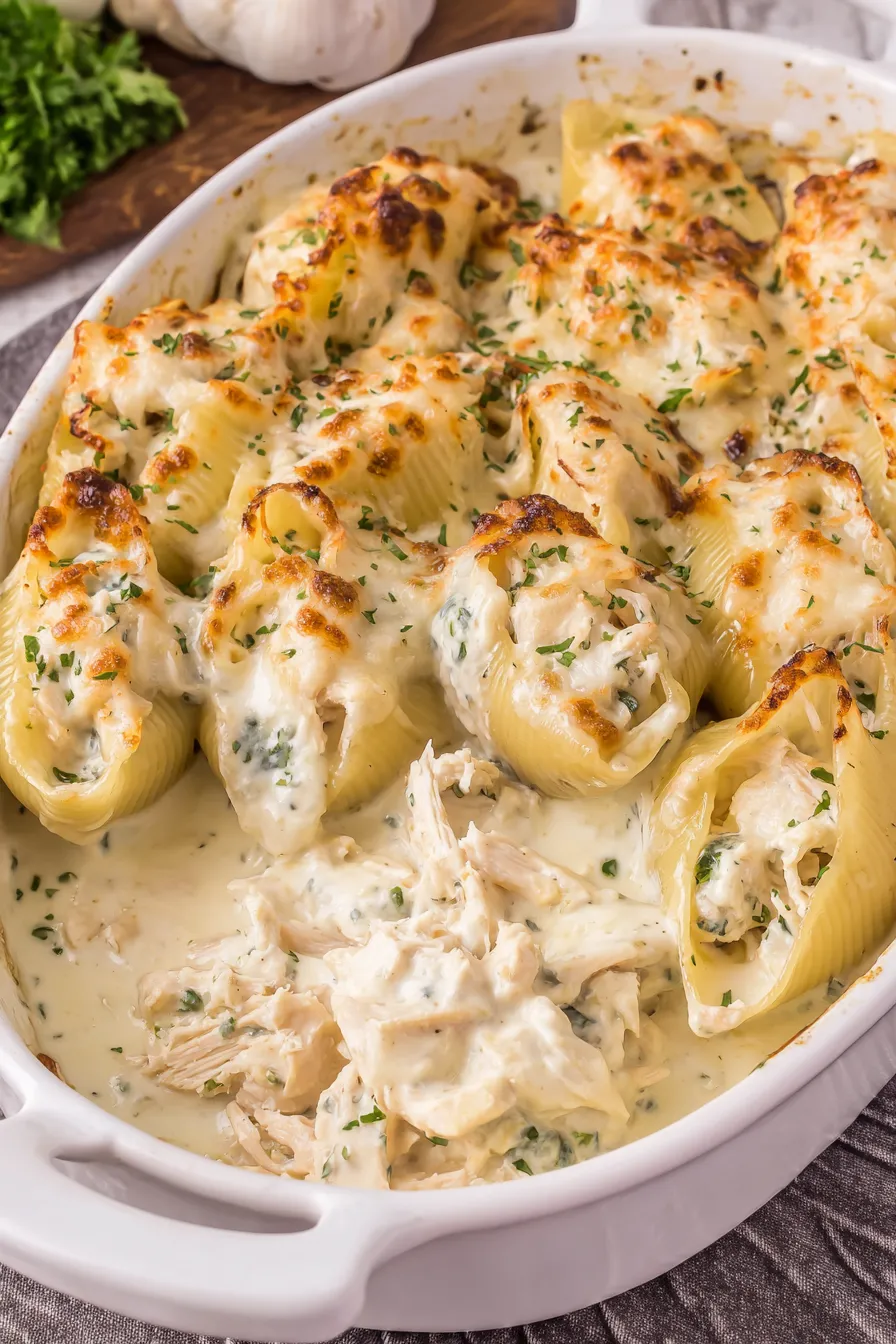 Baking dish of stuffed shells before adding final cheese