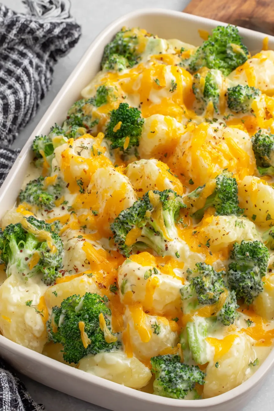 Potato broccoli casserole freshly baked in a 9x13 dish