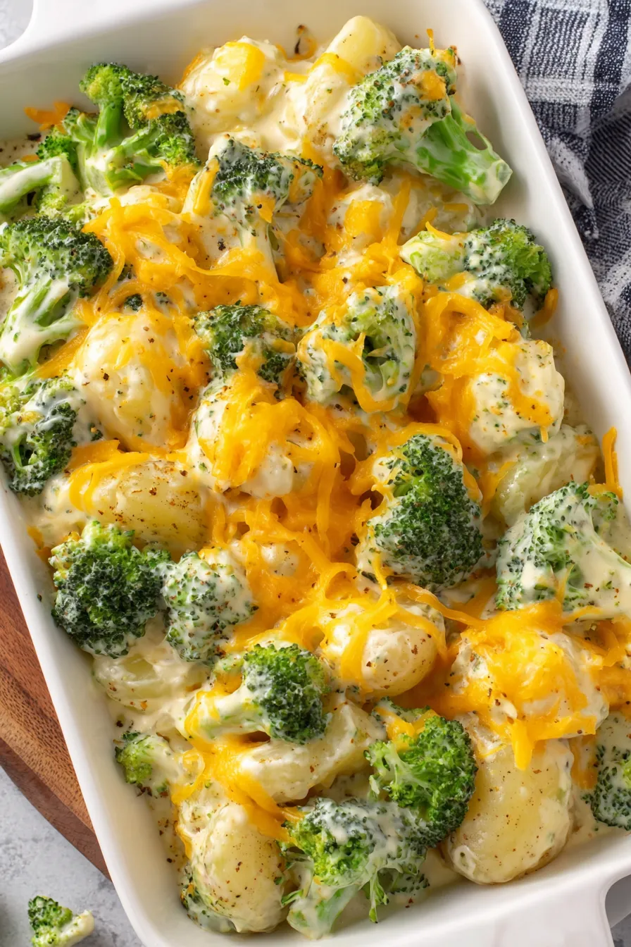 Serving suggestion of potato broccoli casserole with garnish