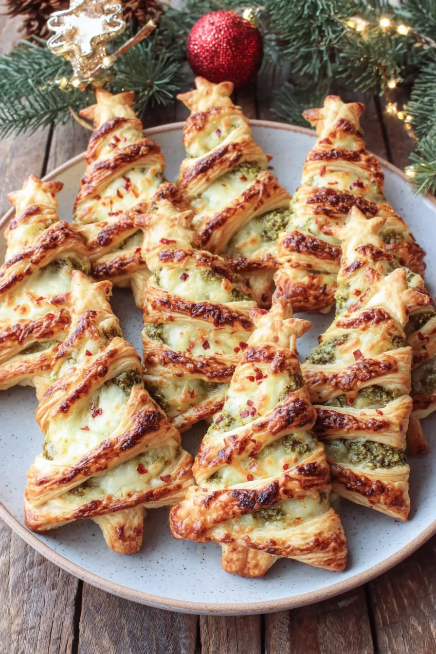 Close up of flaky layers and pesto filling