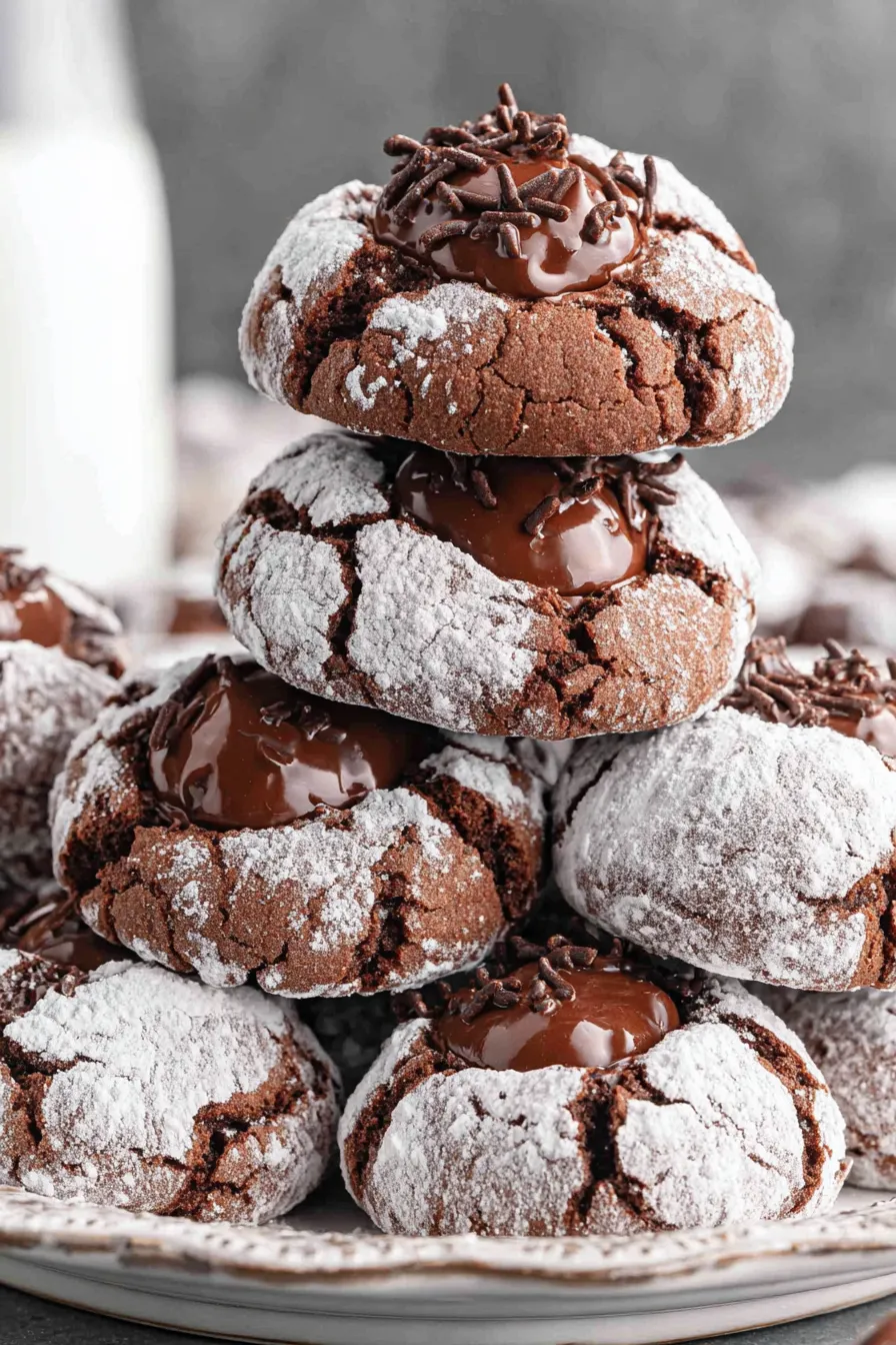 Close up of a chocolate puddle cookie being dusted