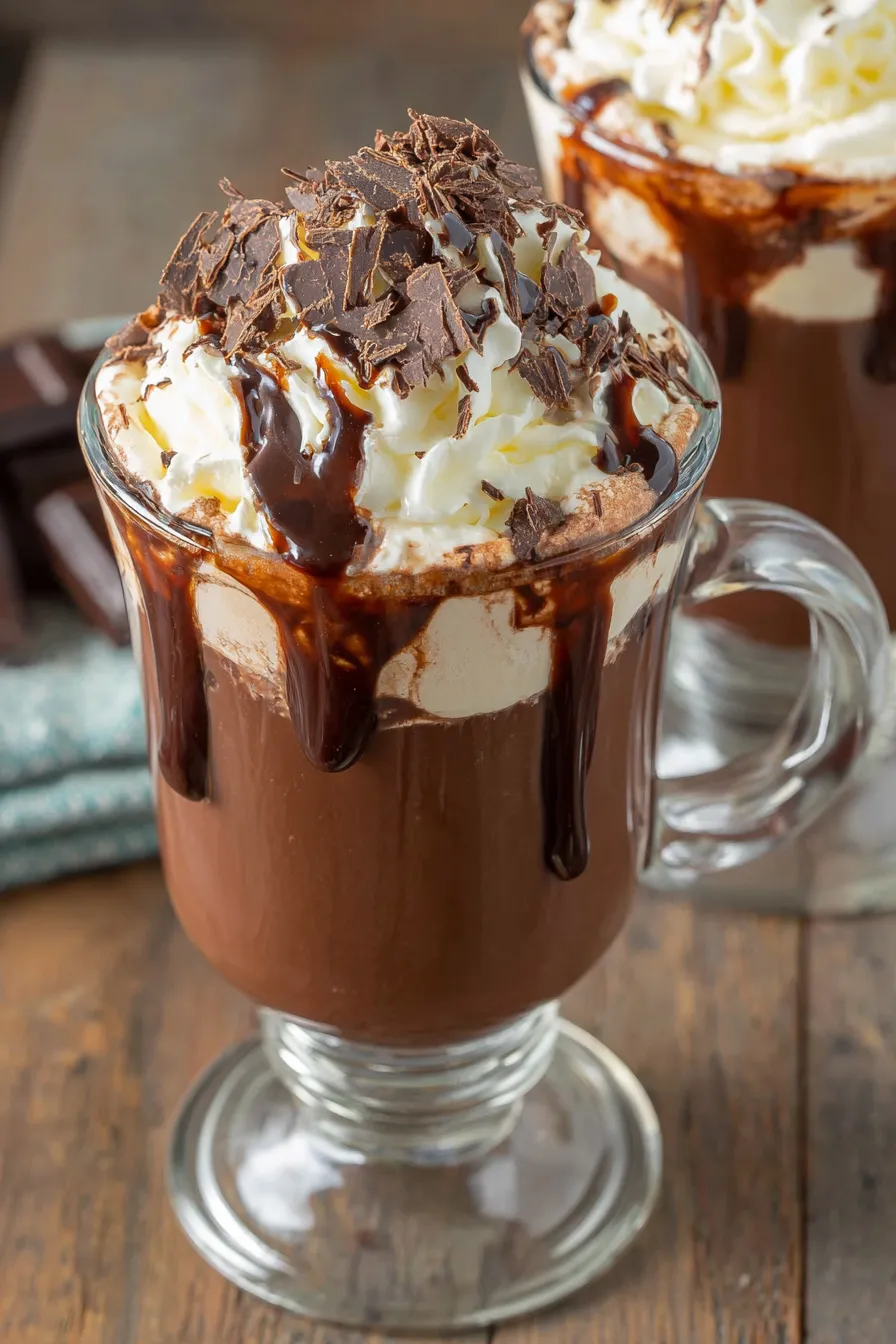 Close-up of Baileys hot chocolate with chocolate shavings