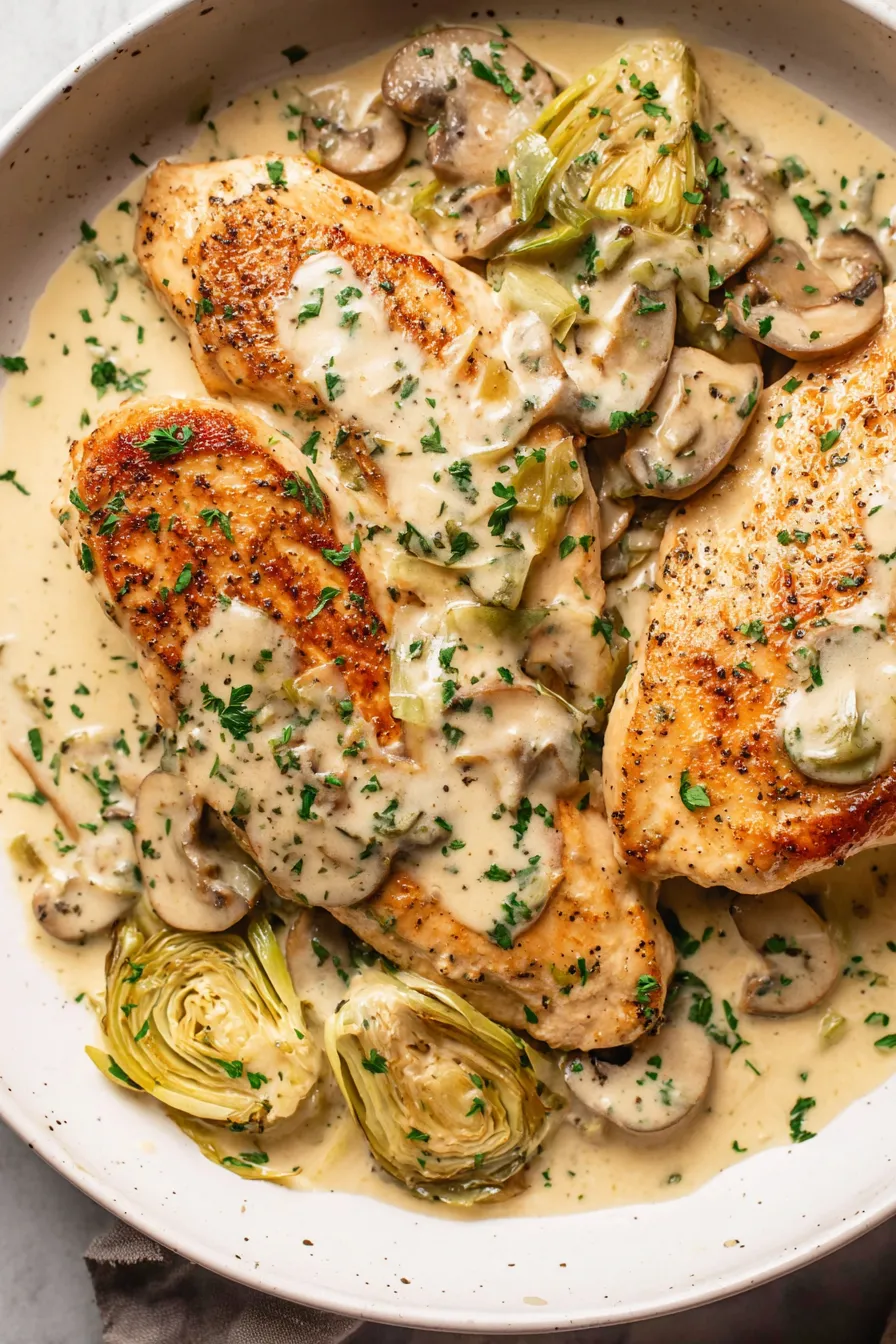 Pan-seared chicken in creamy leek sauce