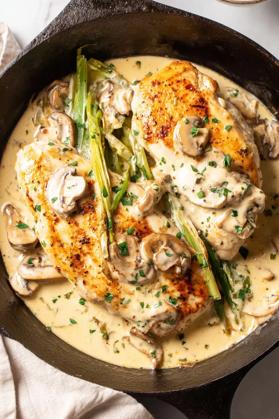 Creamy leek sauce spooned over chicken