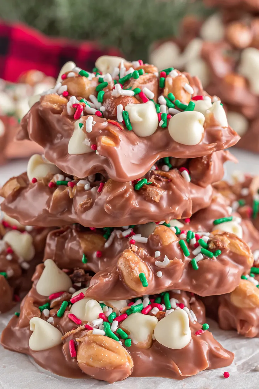 White and dark chocolate melting in a crock pot over peanuts
