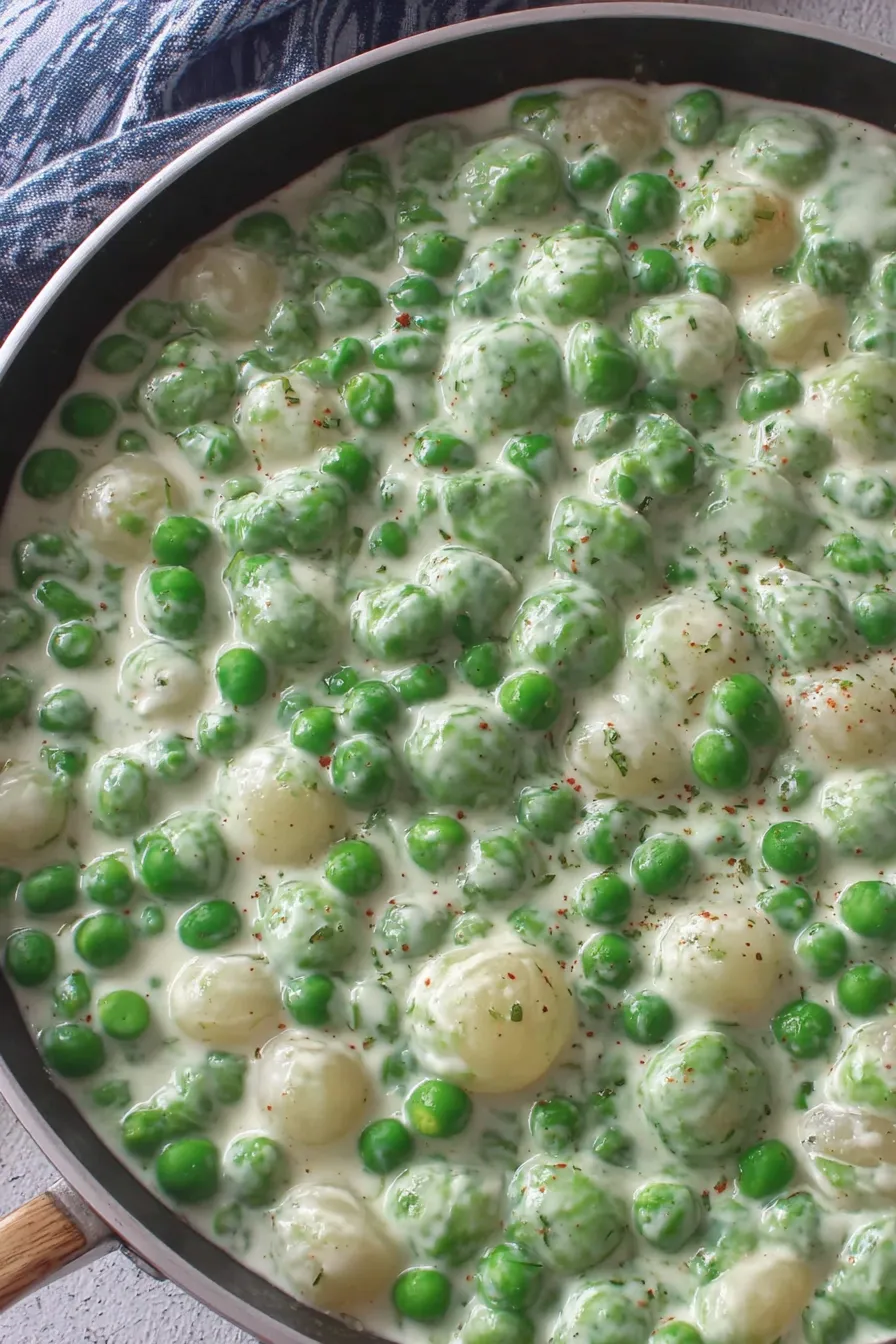 Pearl onions and peas in skillet