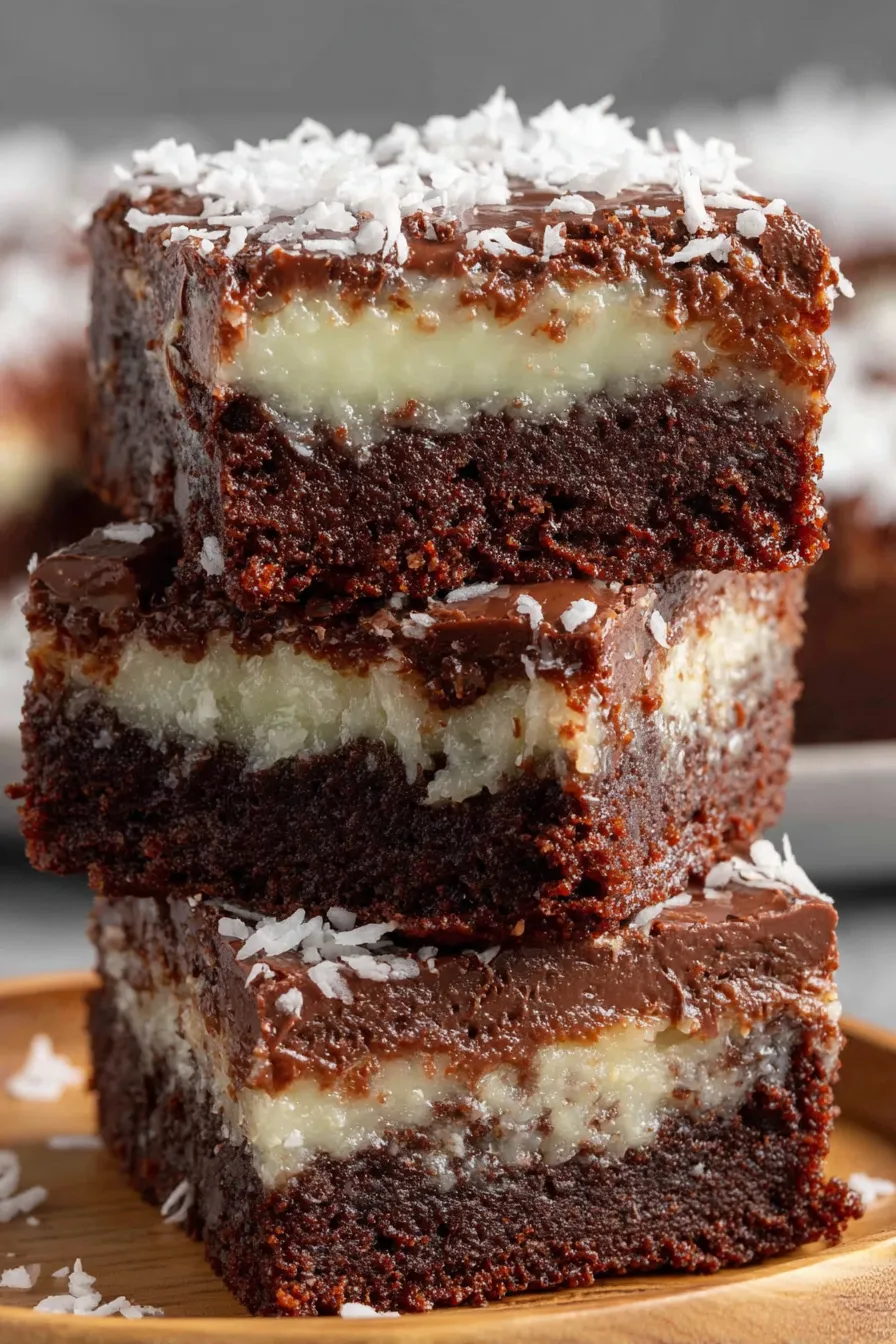 Coconut brownies, close-up of layered bar