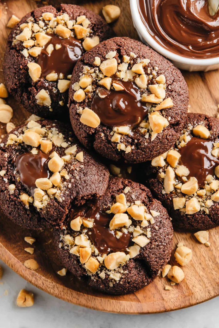 freshly baked chocolate hazelnut thumbprint cookies on cooling rack