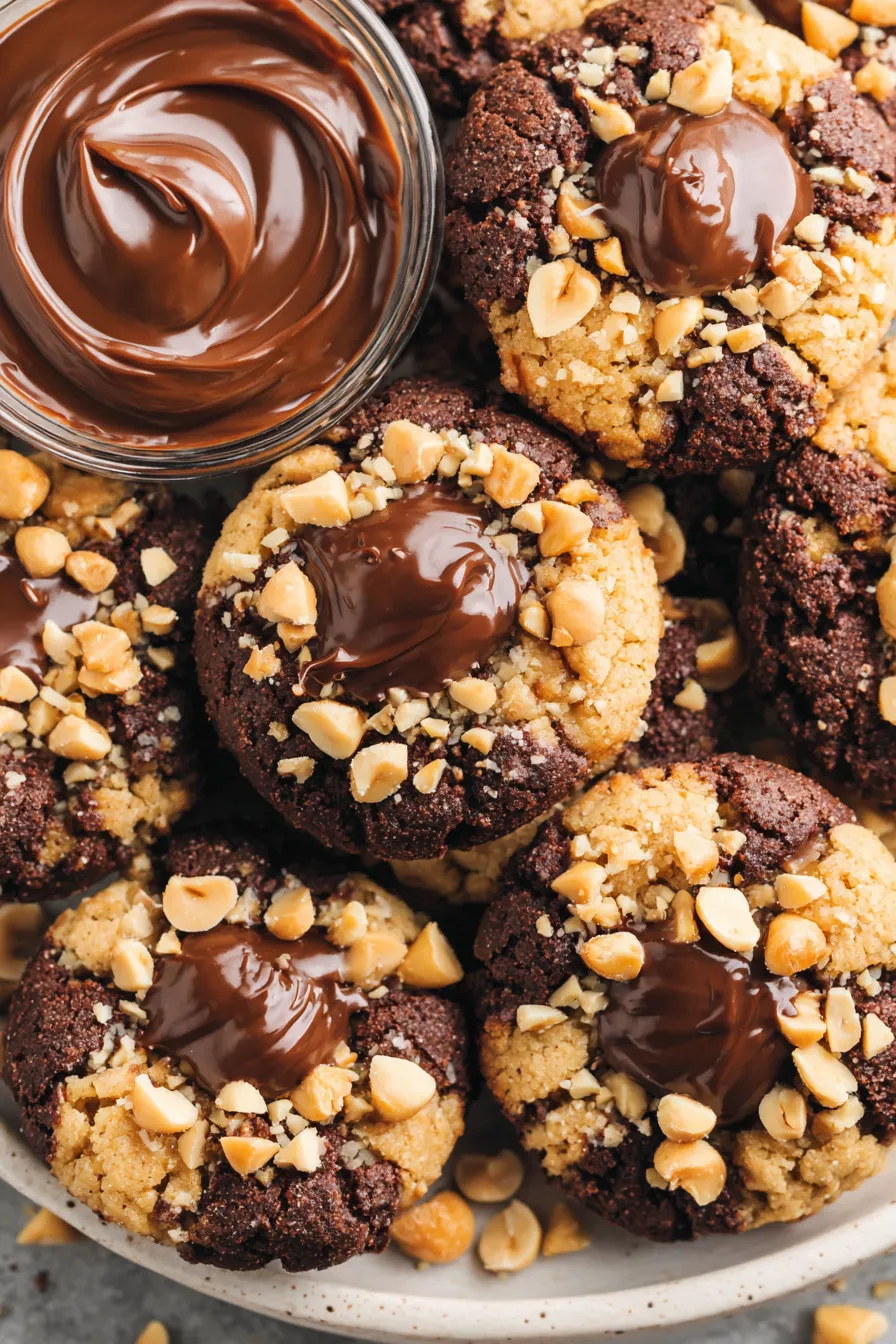 hand holding a chocolate hazelnut thumbprint cookie